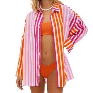 Beach Riot NWT Alexis Button Down Top Sunset Stripes Size PL